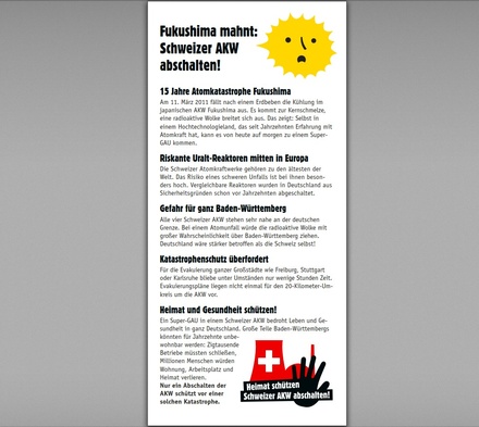 Flyer „Fukushima mahnt: Atom-Gefahr beenden – Schweizer AKW abschalten“ (100 Stück)