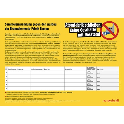 Sammeleinwendung gegen den Ausbau der Brennelemente-Fabrik Lingen