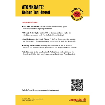 Flyer: "Gefährlich und überflüssig!" Fakten zur Debatte um den AKW-Weiterbetrieb