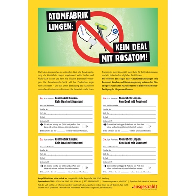 Unterschriftenliste: Atomfabrik Lingen:  Kein Deal mit Rosatom