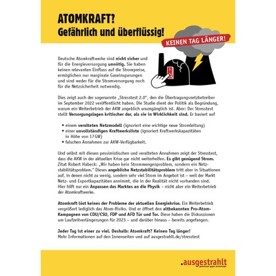 Flyer: "Gefährlich und überflüssig!" Fakten zur Debatte um den AKW-Weiterbetrieb
