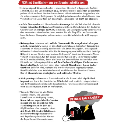 Flyer: "Gefährlich und überflüssig!" Fakten zur Debatte um den AKW-Weiterbetrieb
