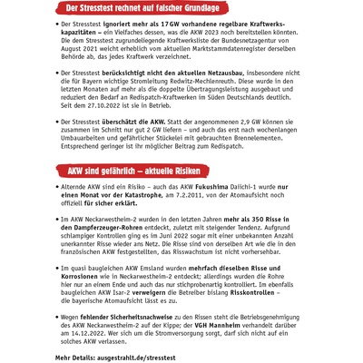Flyer: "Gefährlich und überflüssig!" Fakten zur Debatte um den AKW-Weiterbetrieb