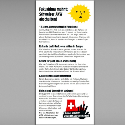 Flyer „Fukushima mahnt: Atom-Gefahr beenden – Schweizer AKW abschalten“ (100 Stück)