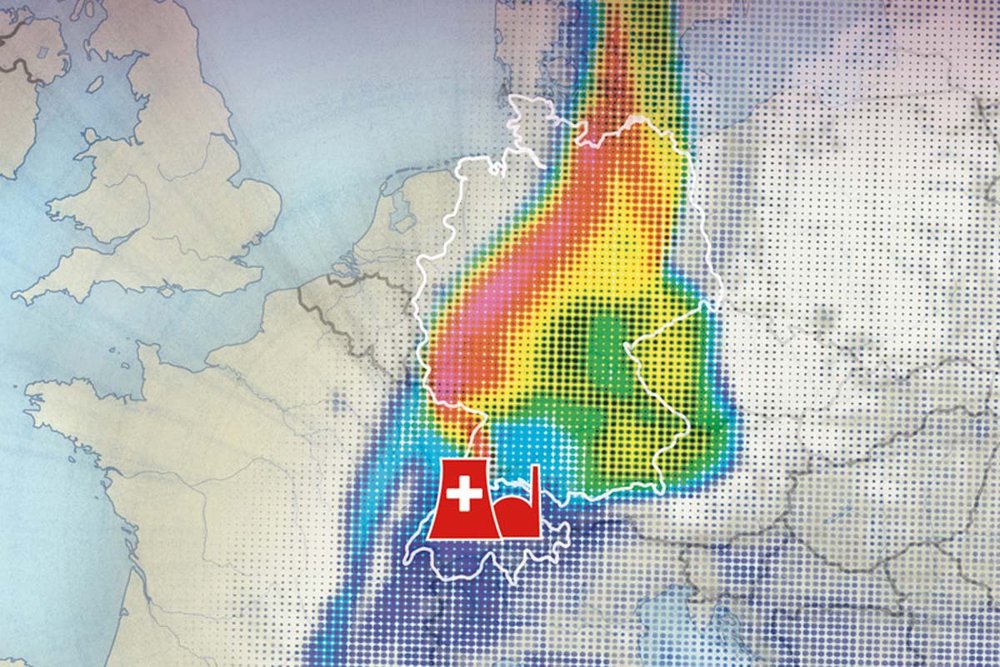 Eine Europakarte zeigt die mögliche Ausbreitung einer radioaktiven Wolke über Deutschland nach einem Atomunfall in der Schweiz