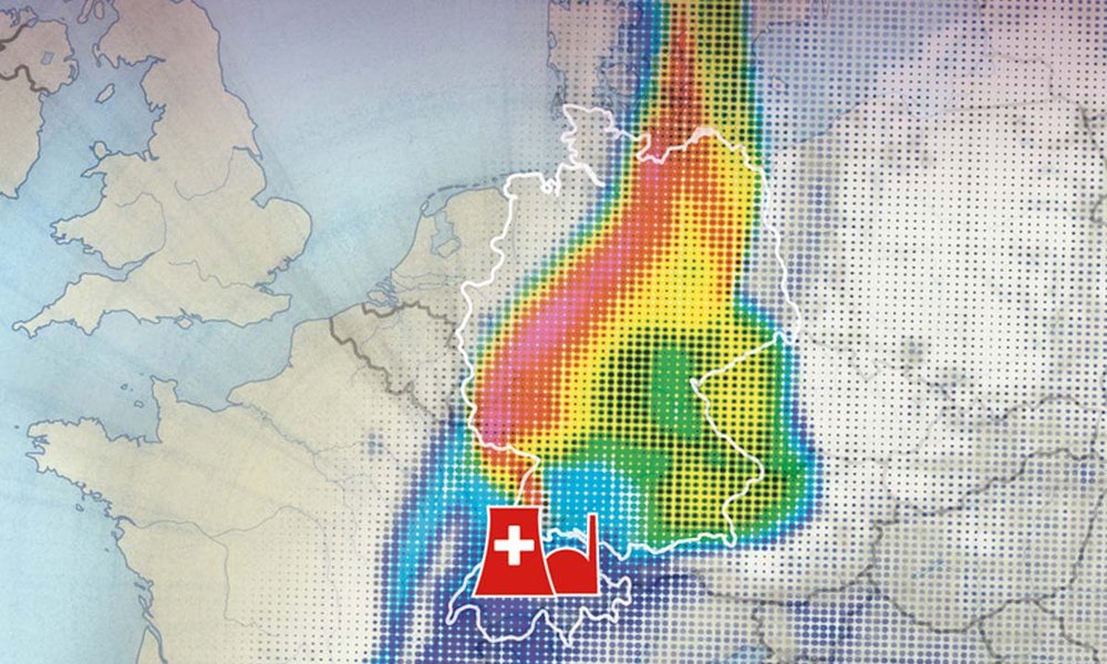 Eine Europakarte zeigt die mögliche Ausbreitung einer radioaktiven Wolke über Deutschland nach einem Atomunfall in der Schweiz