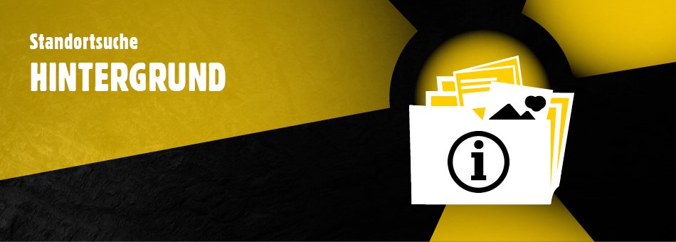 Illustration: Standortsuche Hintergrund. Ein schwarz-gelbes Radioaktivitätszeichenl, davor ein stilisierter Kasten mit Infomaterial und dem Aufdruck i