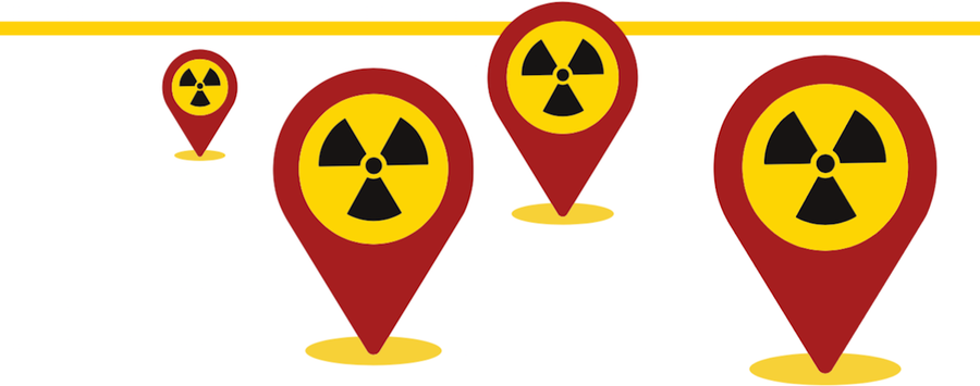 Grafik: Mehrere Marker mit Radioaktivitätszeichen