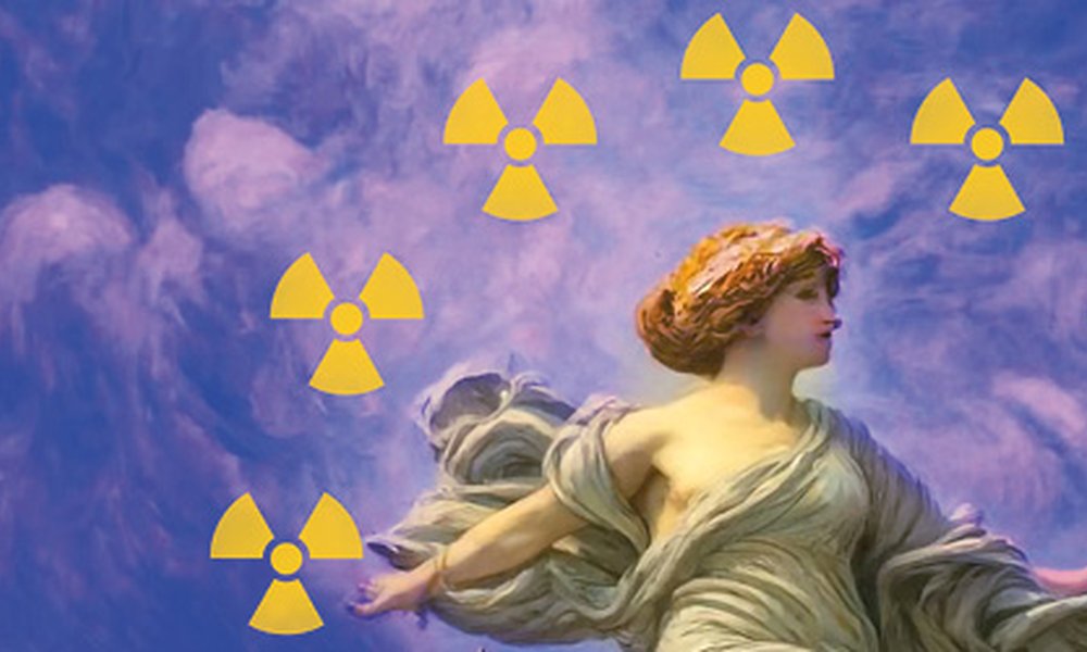 Fotomontage: Das Bild zeigt eine Frau in einem altertümlichen Gewand mit Radioaktivitätszeichen um sich herum