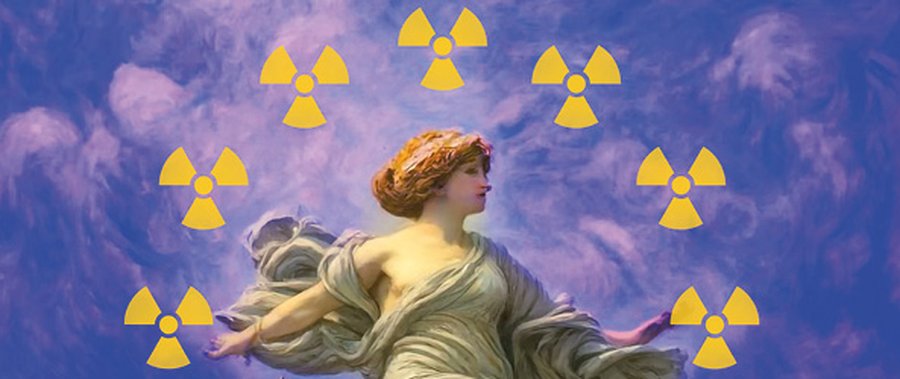 Fotomontage: Das Bild zeigt eine Frau in einem altertümlichen Gewand mit Radioaktivitätszeichen um sich herum