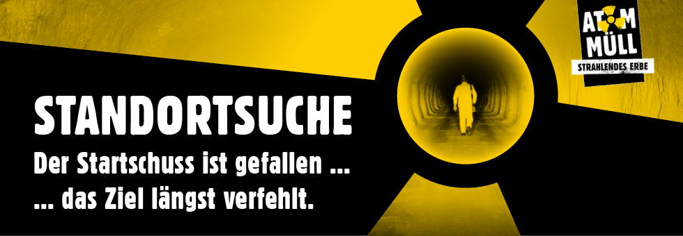 Illustration: "Standortsuche - der Startschuss ist gefallen, das Ziel längst verfehlt!" Ein Mann im Schutzanzug geht in einen dunklen Tunnel.