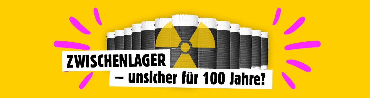 Eine Vielzahl stilisierte Castoren mit hochradioaktiver Atommüll auf gelben Hintergrund. Vor den Castoren eine Radioaktivitätszeichen. In schwarzer Schrift auf weißen Grund: Zwischenlager – unsicher für 100 Jahre?