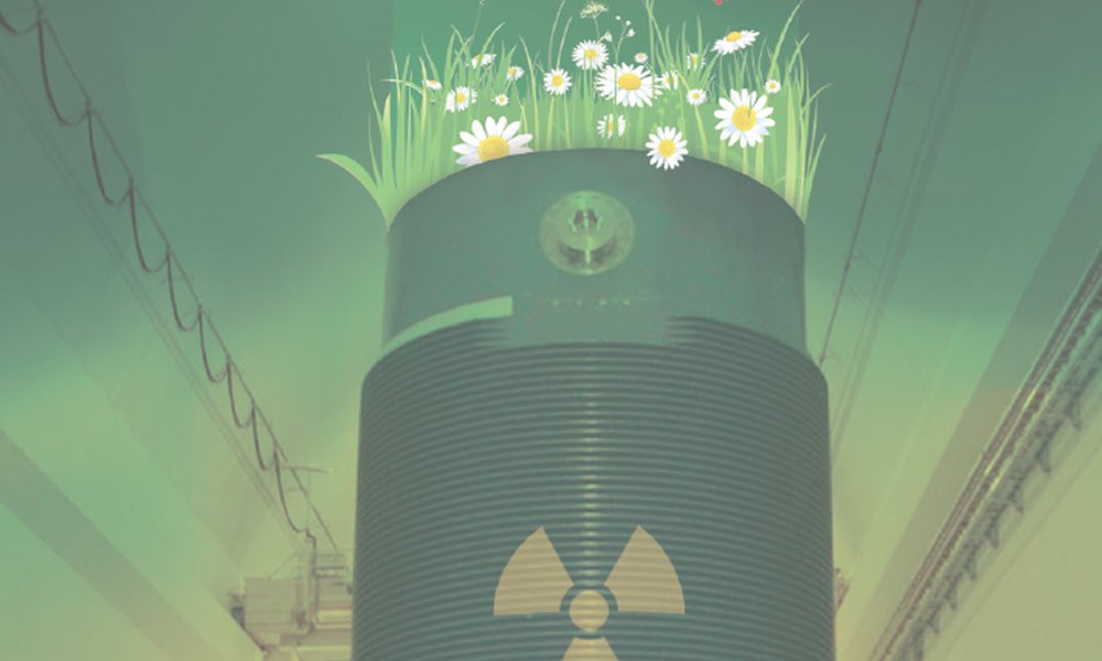 Stilisierter Castorbehälter mit hochradioaktivem Atommüll. Auf dem Behälter wächst strahlend eine Blumenwiese.