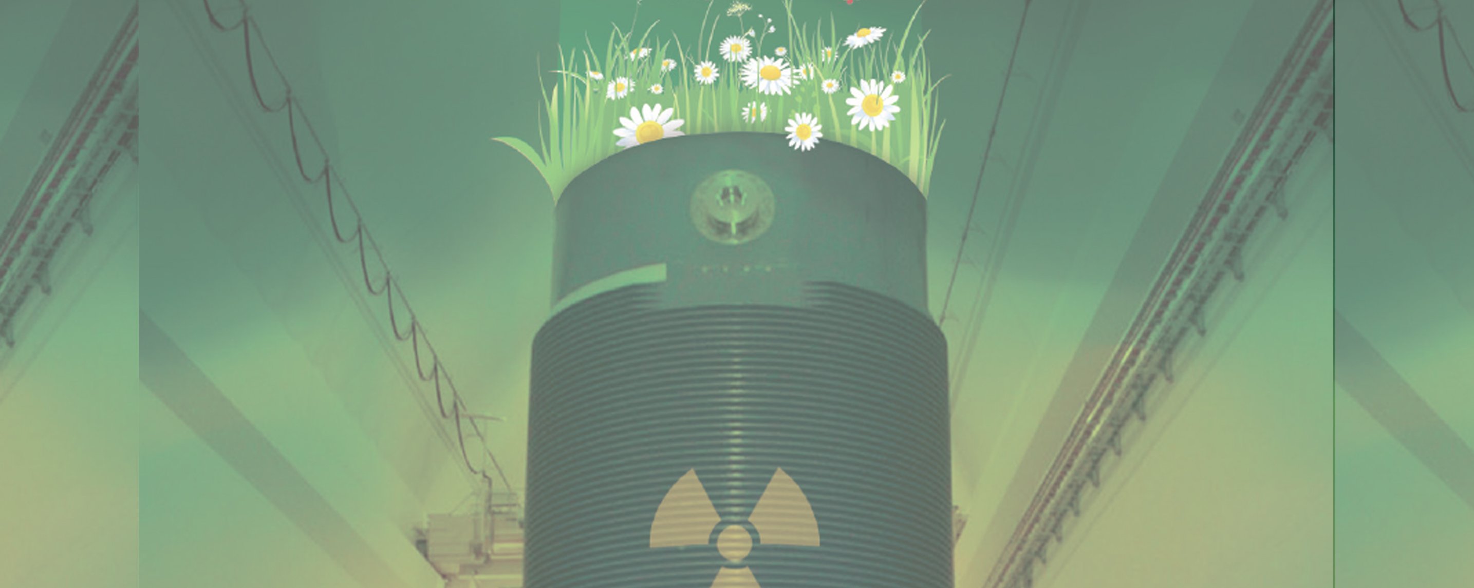 Stilisierter Castorbehälter mit hochradioaktivem Atommüll. Auf dem Behälter wächst strahlend eine Blumenwiese.