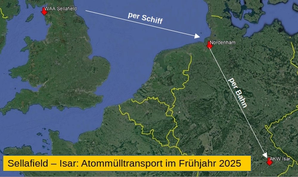 Grafik: Landkarte von Deutschland und Frankreich mit der eingezeichneten Transportstrecke des Atommülltransports Sellafield - AKW Isar.