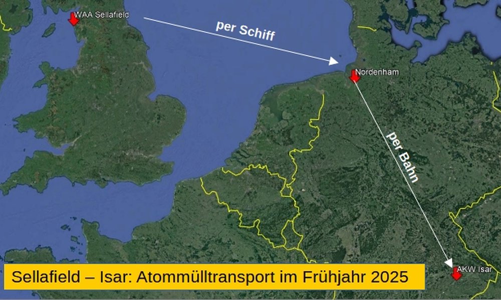 Grafik: Landkarte von Deutschland und Frankreich mit der eingezeichneten Transportstrecke des Atommülltransports Sellafield - AKW Isar.