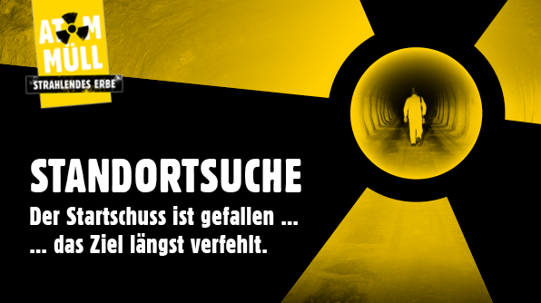 Bergarbeiter geht in einen dunklen Schacht, dargestellt in einem Atomzeichen - Headline: Standortsuche Der Startschuß ist gefallen... das Ziel längst verfehlt.
