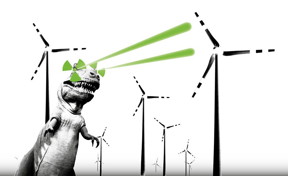 Ein Atomkraft-Dinosaurier schießt aus seinen Augen mit grünen Laserstrahlen auf Windräder