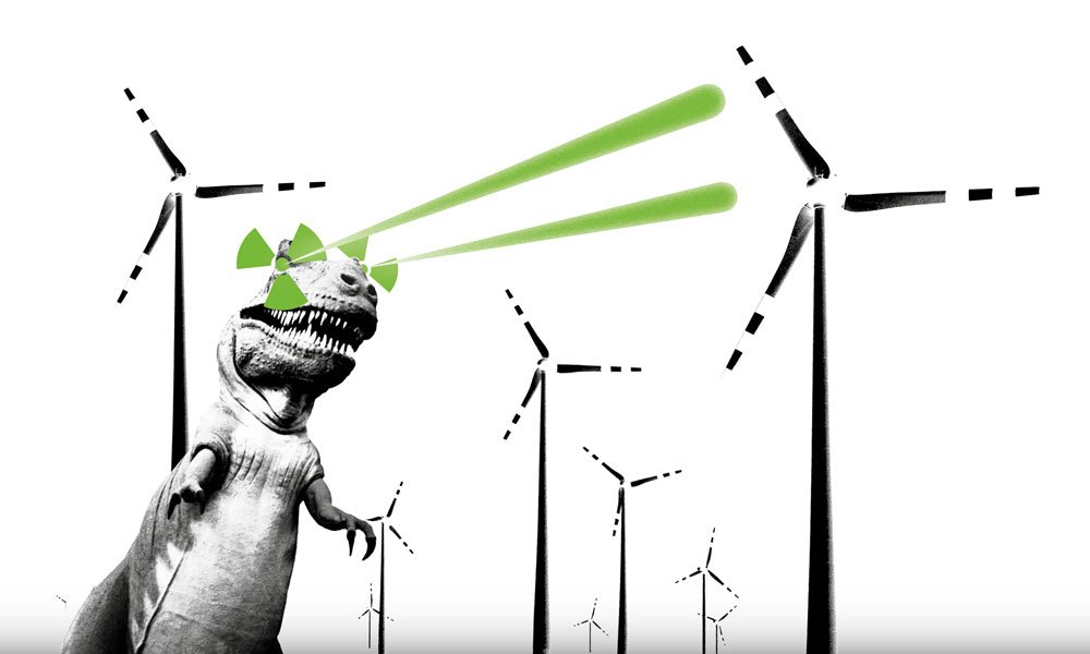 Ein Atomkraft-Dinosaurier schießt aus seinen Augen mit grünen Laserstrahlen auf Windräder
