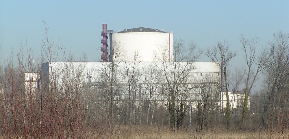 Foto: Das italienische Atomkraftwerk Caorso, hinter Bäumen.