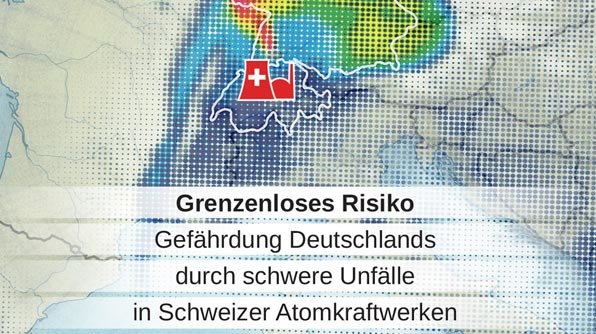 Das Titelbild der Studie "Grenzenloses Risiko: Gefährdung Deutschlands durch schwere Unfälle in Schweizer Atomkraftwerken" zeigt die Karte der Schweiz in Europa und ein kleines rotes AKW