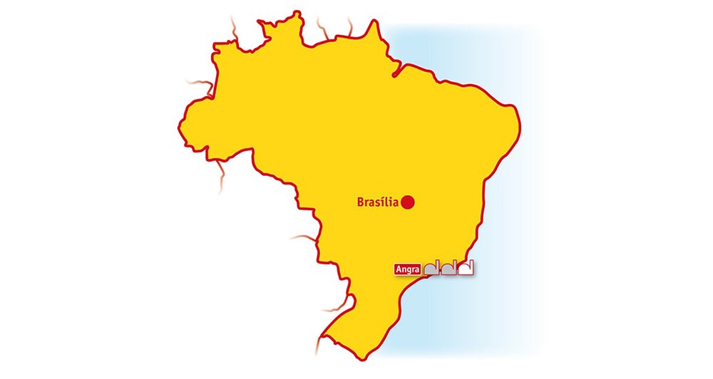 Grafik: Umriss von Brasilien, Icons markieren die brasilianischen AKW