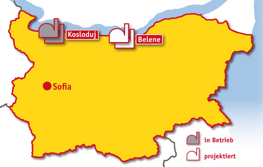 Landkarte von Bulgarien mit zwei AKW in Betrieb, zwei projektiert
