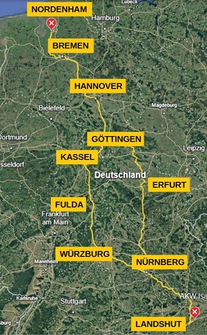 Grafik: Landkarte von Deutschland mit Transportstrecken des Atommüllzuges von Nordenham zum AKW Isar.