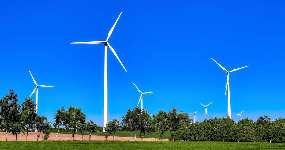 Vier Windräder stehen in der Landschaft