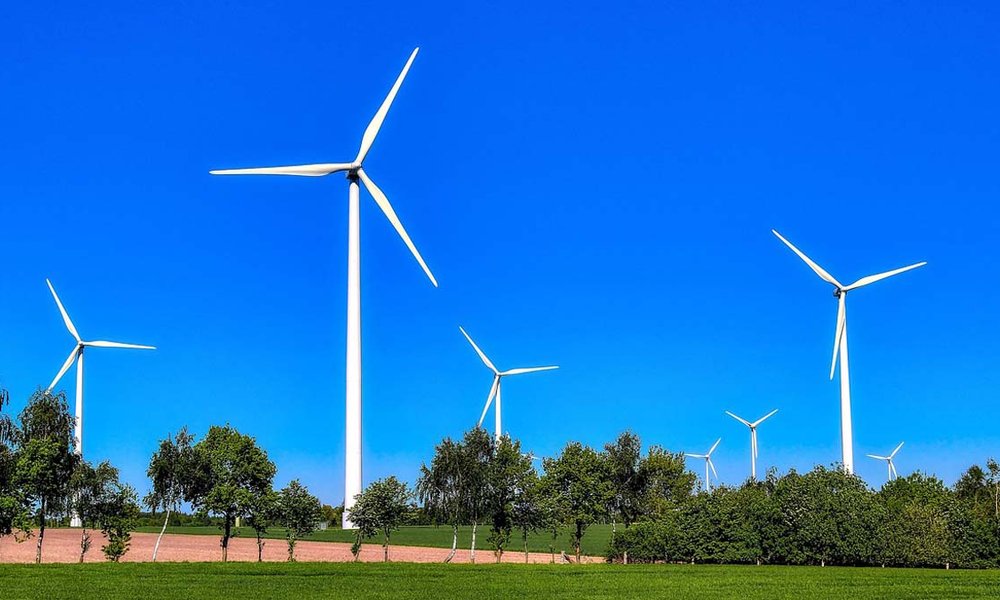 Vier Windräder stehen in der Landschaft