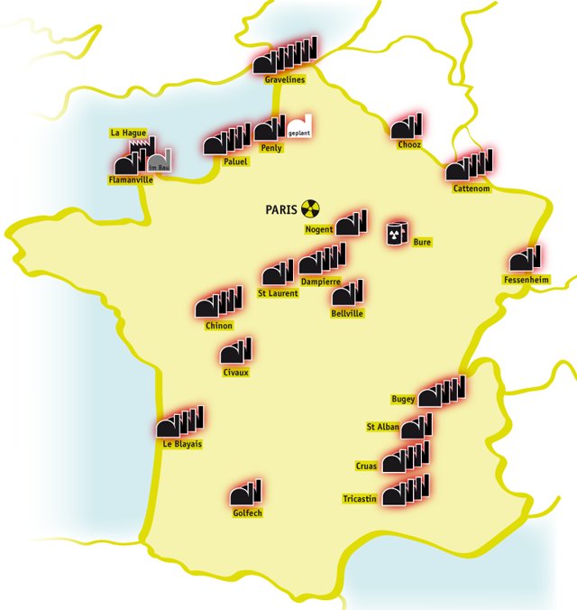 Karte mit Atomkraftwerken in Frankreich