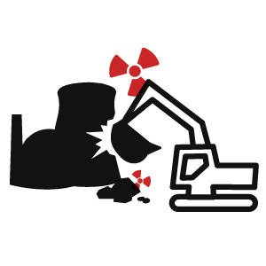 Montage: Ein Bagger reißt ein AKW ab