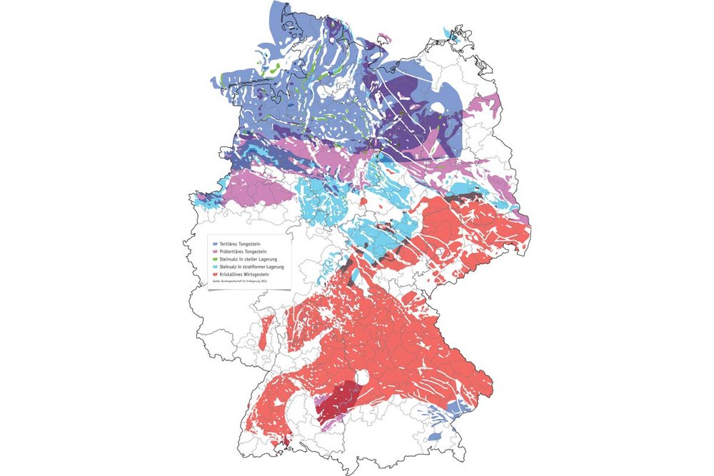 54% des Bundesgebiets sollen „günstige“ Bedingungen für ein Atommüll-Bergwerk aufweisen, sagt die Bundesgesellschaft für Endlagerung. Nicht alle der als "Teilgebiete" farbig markierten Regionen sind allerdings gleich "heiß" im Rennen
