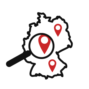 Grafik: Deutschlandkarte mit einer Lupe über einem Marker