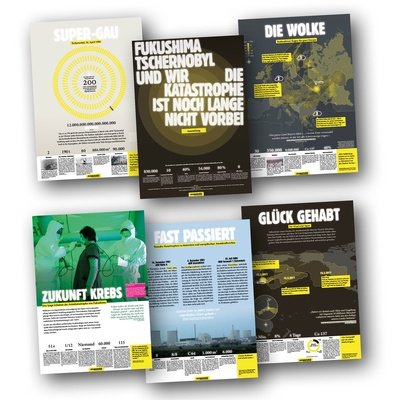 Mehrere Plakate der virtuellen Ausstellung "Fukushima, Tschernobyl und wir"