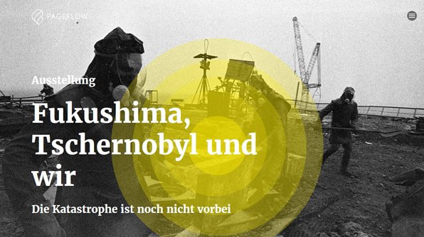 Auf einem Bild wird die virtuelle Ausstellung "Fukushima, Tschernobyl und wir" angekündigt