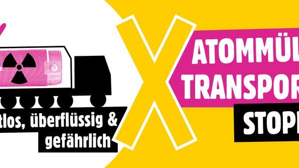 Eine Illustration zeigt einen Atommülltransport per LKW und den Text: "Atommüll-Transporte stoppen!"